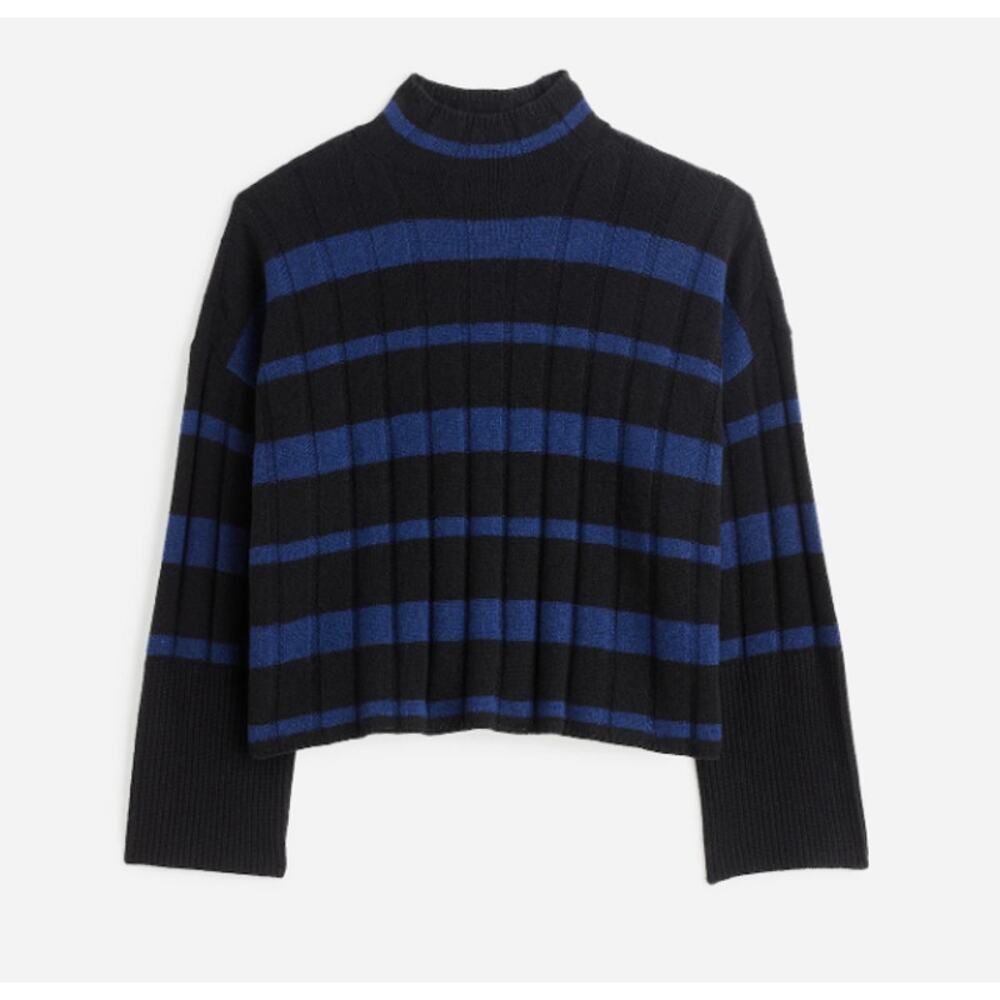 Madewell Ribbed Cashmere-Wool Blend Pullover Sweater Sz M Cobalt Stripe Mockneck